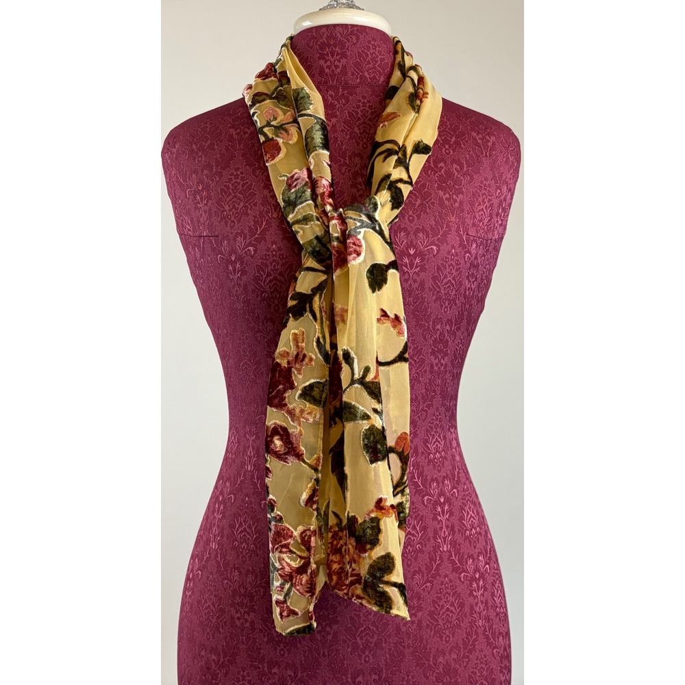 Elizabeth Gillett Scarf Tan Rose Floral Velvet Burnout Devore Sheer‎ Romantic